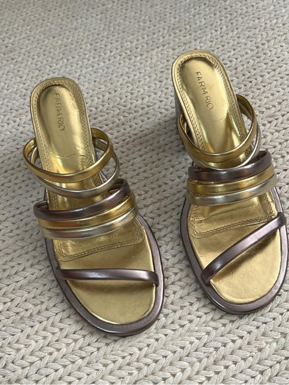FARM Rio Metallic Multi-Strip Block Heel Sandals - Bronze & Gold - Picture 2 of 6